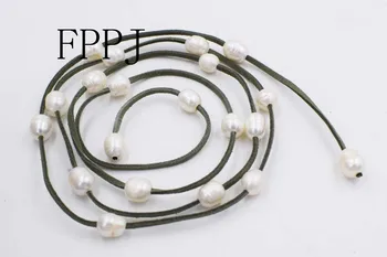 

freshwater pearl white egg 10-13mm and green leather necklace 50inch FPPJ wholesale beads nature