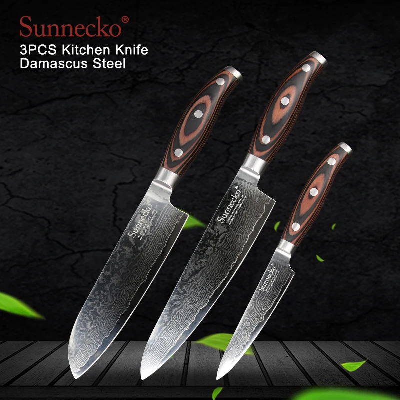 SUNNECKO 3PCS Kitchen Knife Set Chef Santoku Utility Knives Damascus