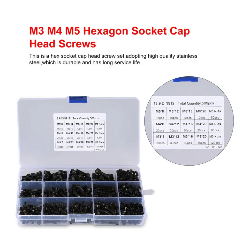 

500pcs/set M3 M4 M5 Hexagon Hex Socket Head Cap Screws set Stainless Steel Hex Socket Head Cap Screws with M3 M4 M5 Nuts