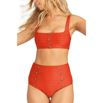 

Orange Button Decor Rib Two-piece Bikini Swimsuit Elasticity Cozy to Wear