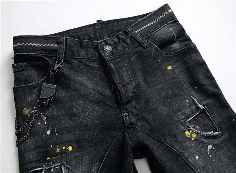 Mcikkny Fashion Pleated Distressed Denim Jeans Trousers Washed Slim Straight Jeans Pants Patchwork Streetwear For Male  (2)