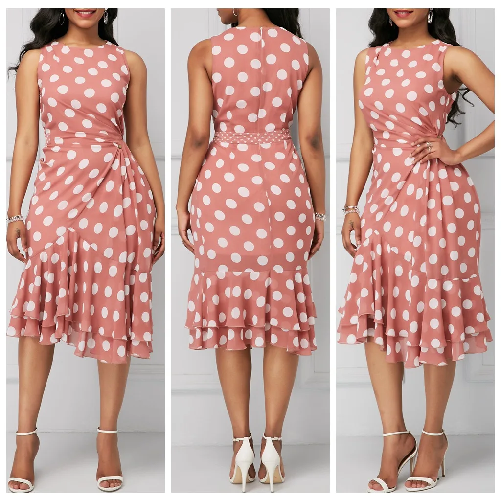 

2019 new summer elegent fashion style women dot o-neck plus size knee-length dress M-2XL