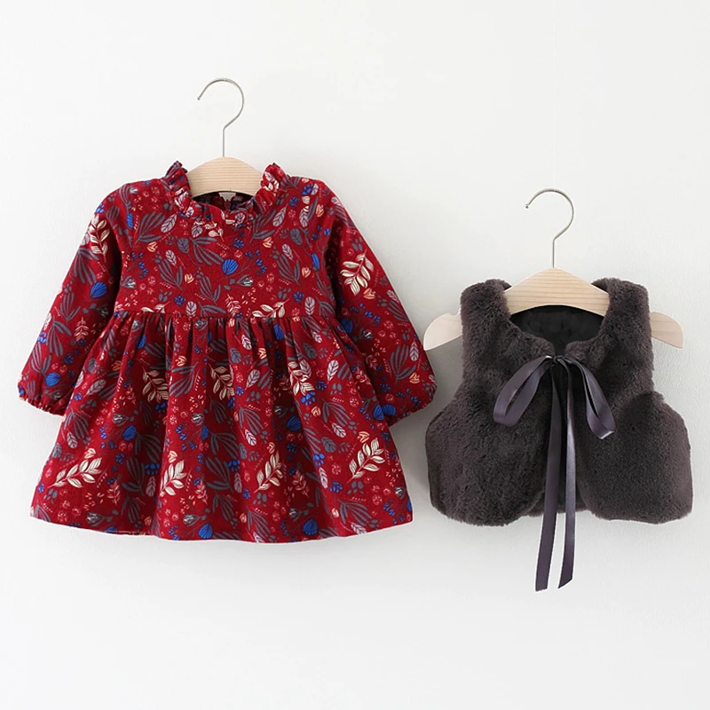 Комплекты одежды для малышей новые зимние вельветовые утепленные платья с длинными рукавами+ меховой жилет комплект из 2 предметов Одежда для маленьких девочек детская одежда