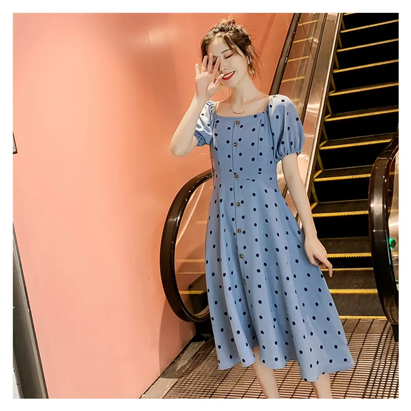 

Short lantern sleeve square collar maternity empire nursing dress zipper breastfeeding dress postpartum women cotton polka dot