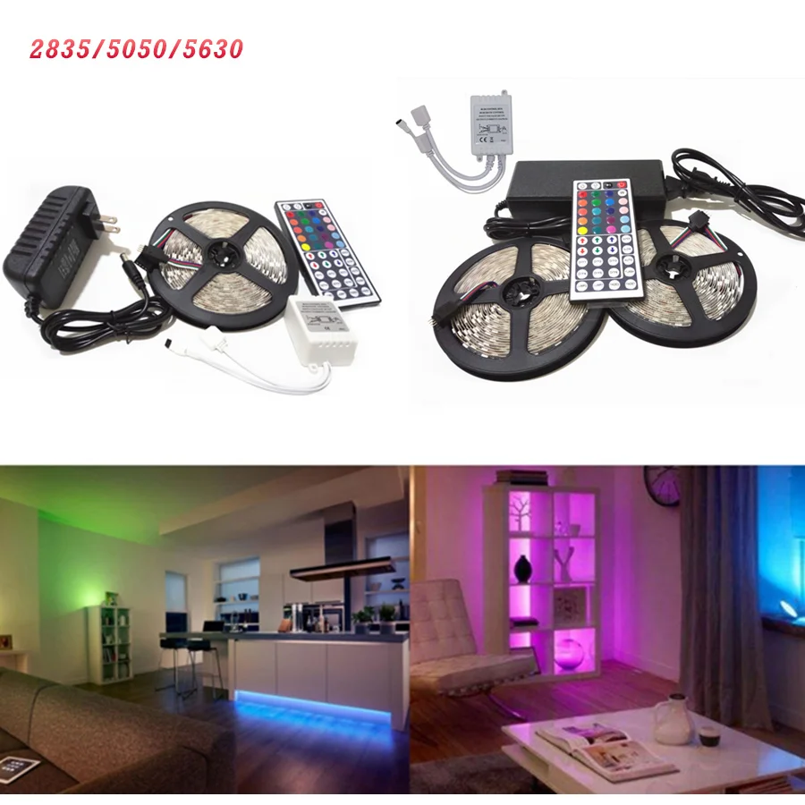 #Best 5 10m LED Strip Light 5050 2835 5630 SMD Flexible RGB LED Stripe Tape DC12V+Power adapter+Remote Controller Full Set For Kitchen