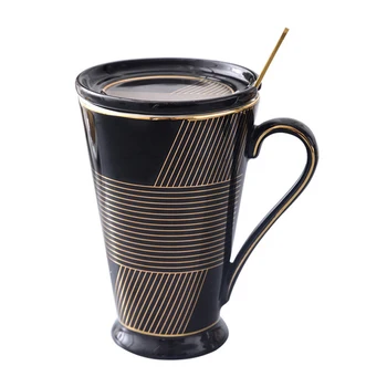

350Ml Gold Ceramic Mug With Lid And Spoon Cartoon Milk Coffee Tea Cup Porcelain Mugs Nice Gifts