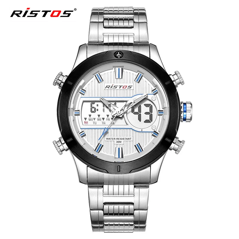 RISTOS мужские спортивные часы из нержавеющей стали, аналоговые наручные часы, многофункциональные часы с хронографом, мужские часы 9360 - Цвет: Silver White