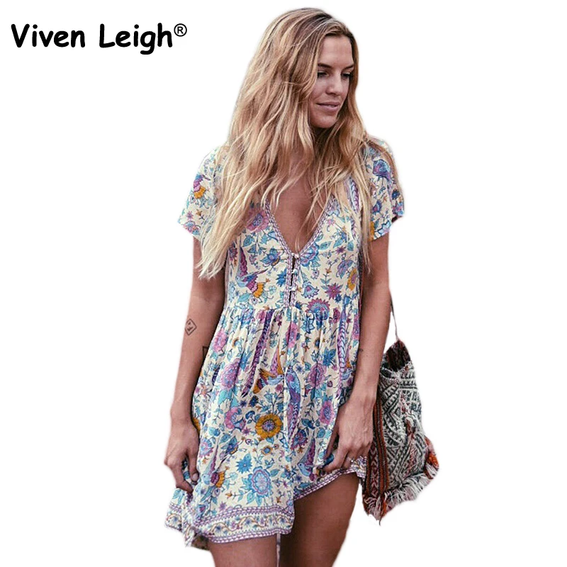 

Viven Leigh Boho Hippie Dress Retro Bohemian Ethnic Style Deep V-neck Floral Print Beach Dress Mini Sundress vestido