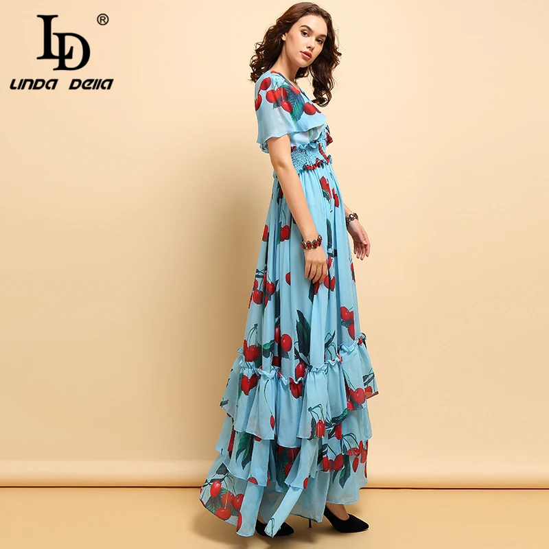 Женское платье с v-вырезом LD LINDA DELLA, голубое платье с v-образным вырезом с фруктовым принтом, многослойная юбка на эластичной резинке на талии, длинное платье, весна–лето