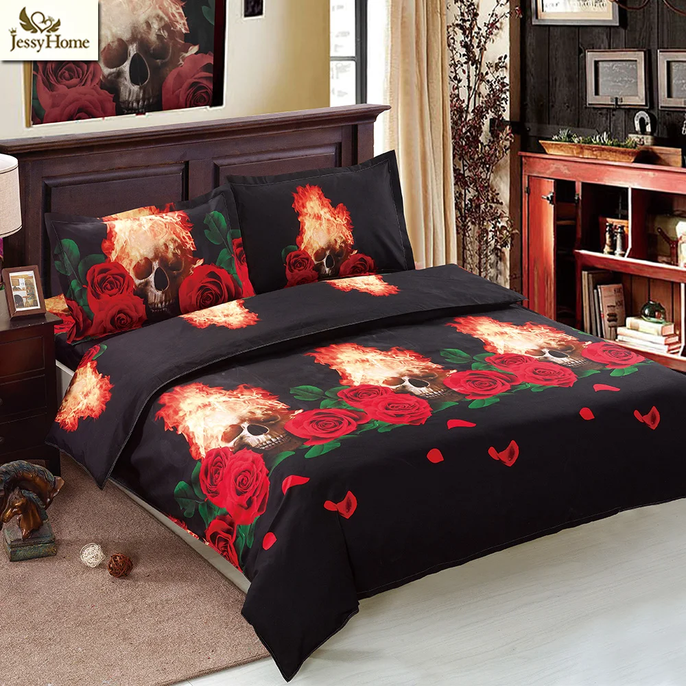 3D Fire Skulls Bedding Set Rose Print 4Pcs Duvet Cover Pillowcase Flat Sheet Twin Queen King Size Bed | Дом и сад
