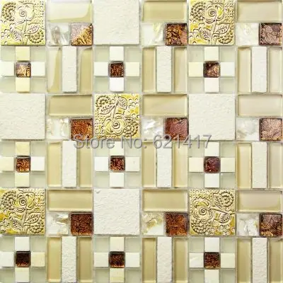 glass mosaic mixed stone with shell gold resin