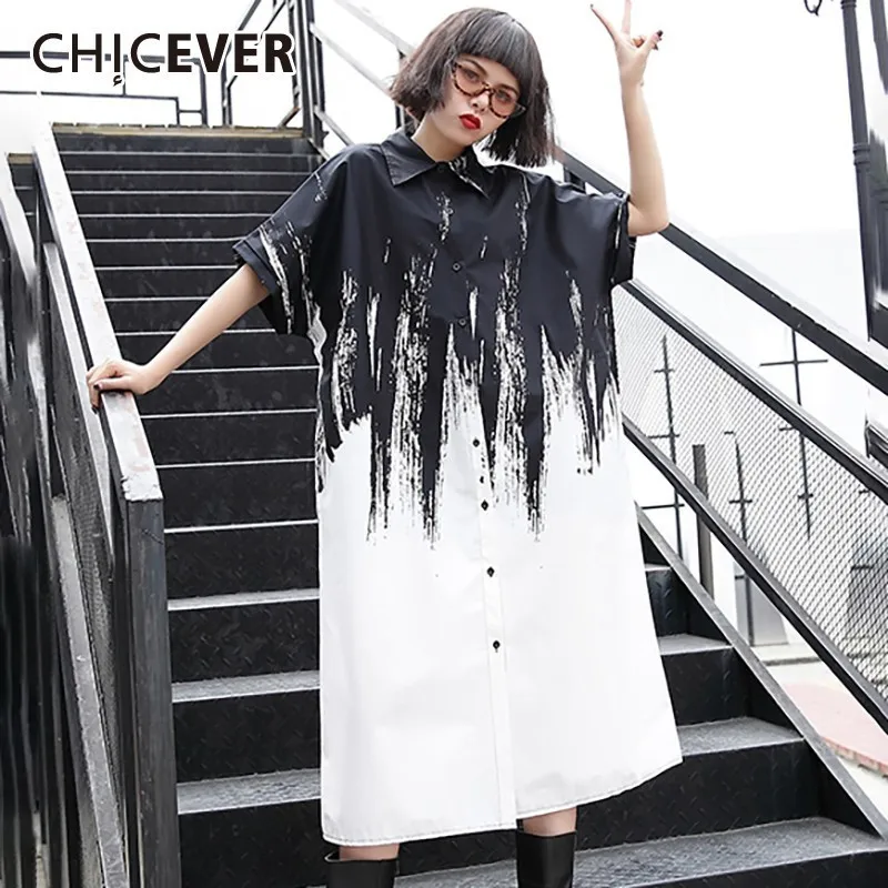 

CHICEVER Summer Hit Color Dress For Women Lapel Collar Short Sleeve Oversized Button Knee Length Shirt Dresses Female Fashion