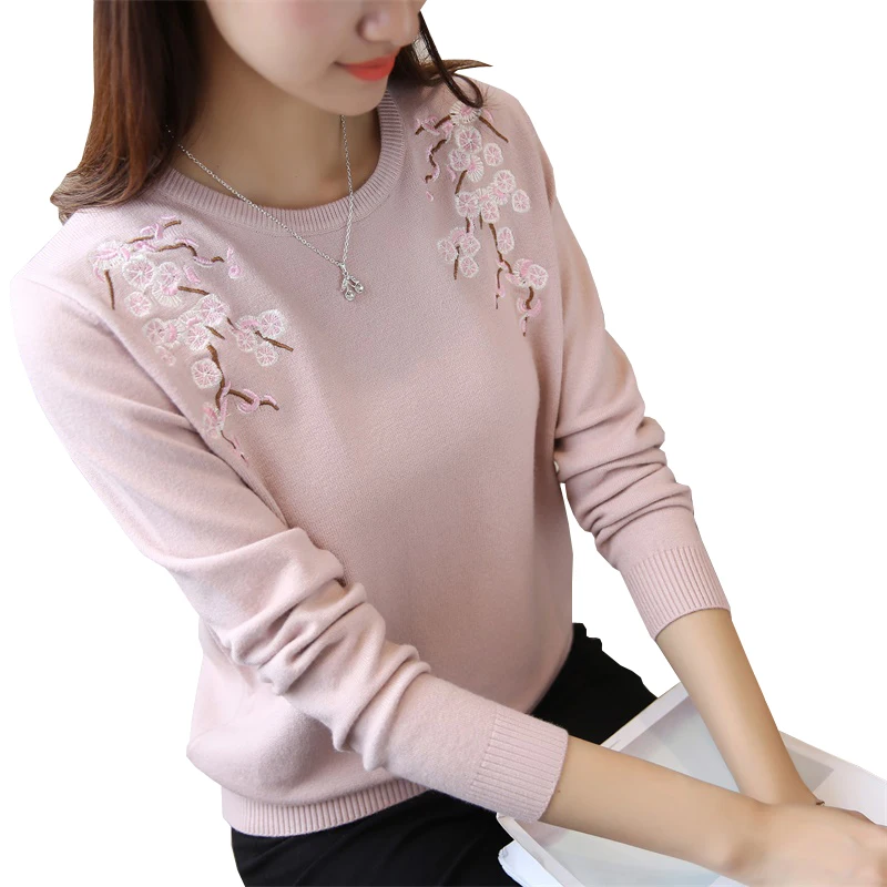 Women Sweater 2018 Autumn Winter Flower Embroidered O Neck Knitted Pullovers Women Loose Casual Pattern Sweater Sueter Mujer