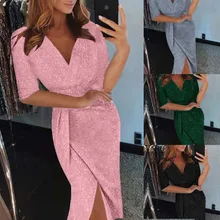 Женское платье с глубоким v-образным вырезом, с блестками, с рюшами, с рукавом до локтя, для ночного клуба, платья для вечеринок, длинное платье для женщин, Vestido Vestidos De Fiesta Robe