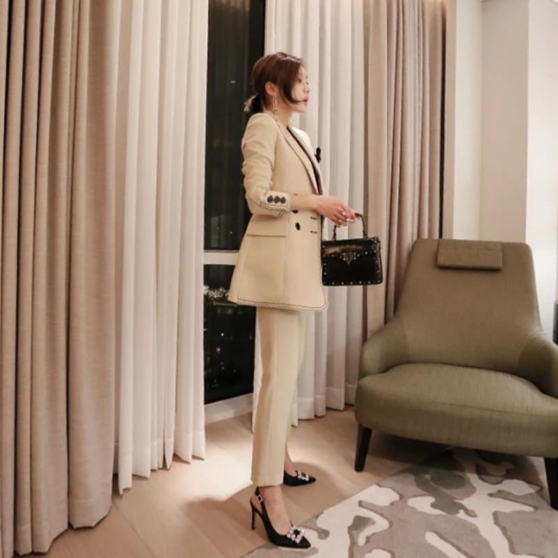 Suit Women Apricot Business Suits Ladies Double Breasted Turn-down Collar 2018 Autumn Fashion 2 Pieces Blazer And Pants Set