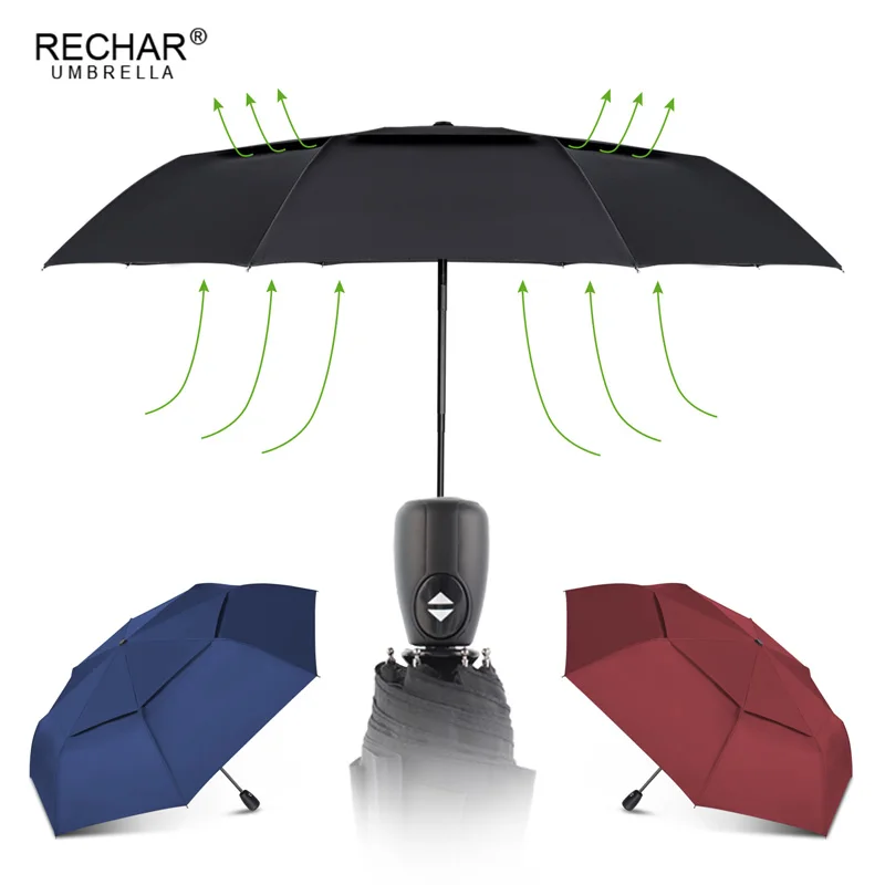 Wind Resistant Double Layer Umbrella Rain Women Automatic 3Folding