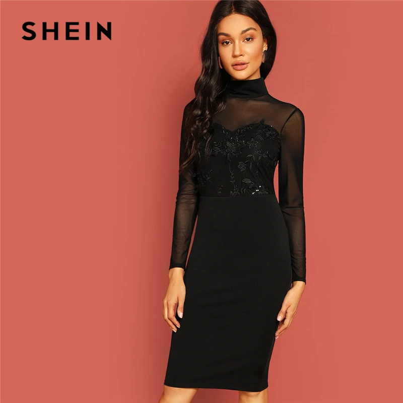 

SHEIN Black High Neck Embroidered Mesh Sweetheart Pencil Dress Autumn Weekend Casual Going Out Women Solid Elegant Dresses