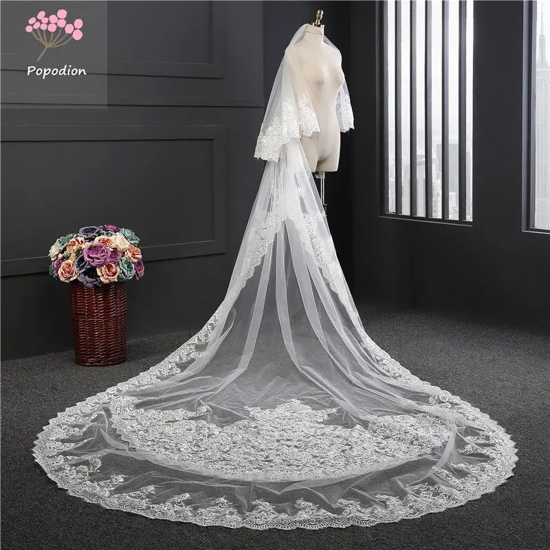 3.5 meter long wedding veil white lace appliques 2 layers wedding veil