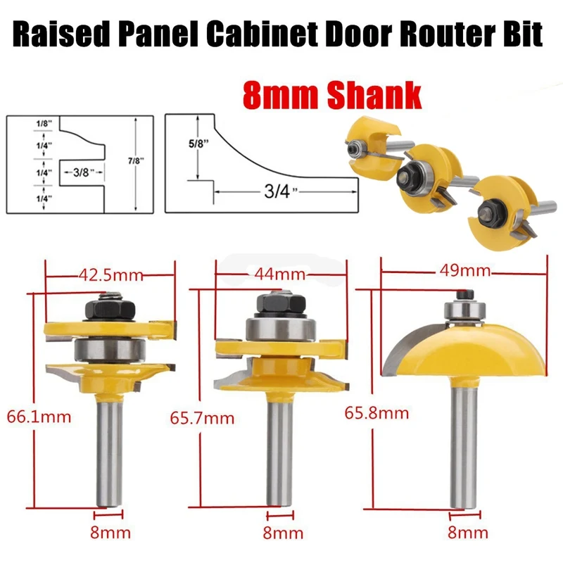 

Wolike 3Pcs 8mm Hard Alloy Shank Raised Panel Cabinet Door Router Bit Set Woodworking Cutter Kit Milling Cutter Machine Tools