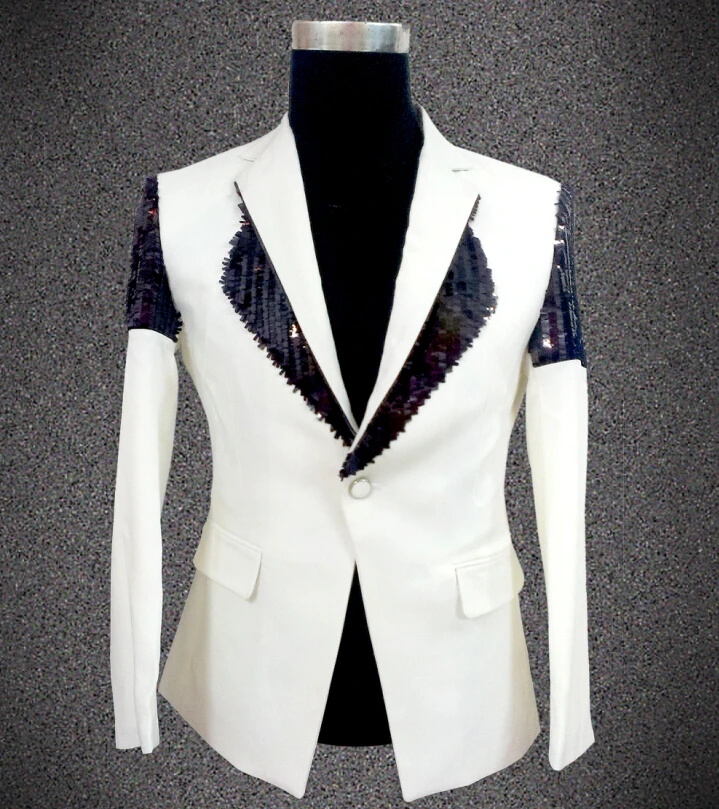 

Plus Size Fashion Men White Jacket Male Formal Wear The Groom Dress Paillette Mounted Casual The Groom Coat Signer DJ Stage Show