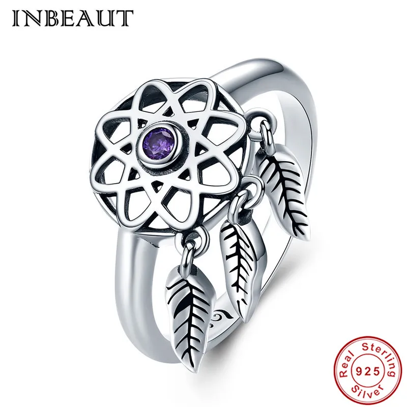

INBEAUT New Design 925 Sterling Silver Purple Zircon Stone Vintage Feahter Universal Hollow Net Ring for Women Wedding Jewelry