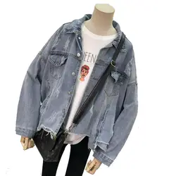 Винтажное женское пальто с длинным рукавом Весенние потертые джинсовые куртки выше размера плюс размер женское базовое пальто уличная