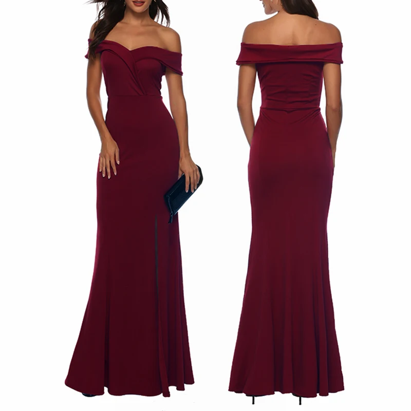 Wine red Dress Maxi Floor length Solid color V neck Off shoulder