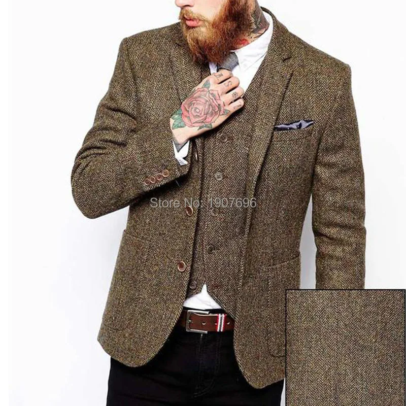 Хаки Твид Мужские костюмы Slim Fit Жилет зубчатый лацкане 3 шт Свадебные смокинги