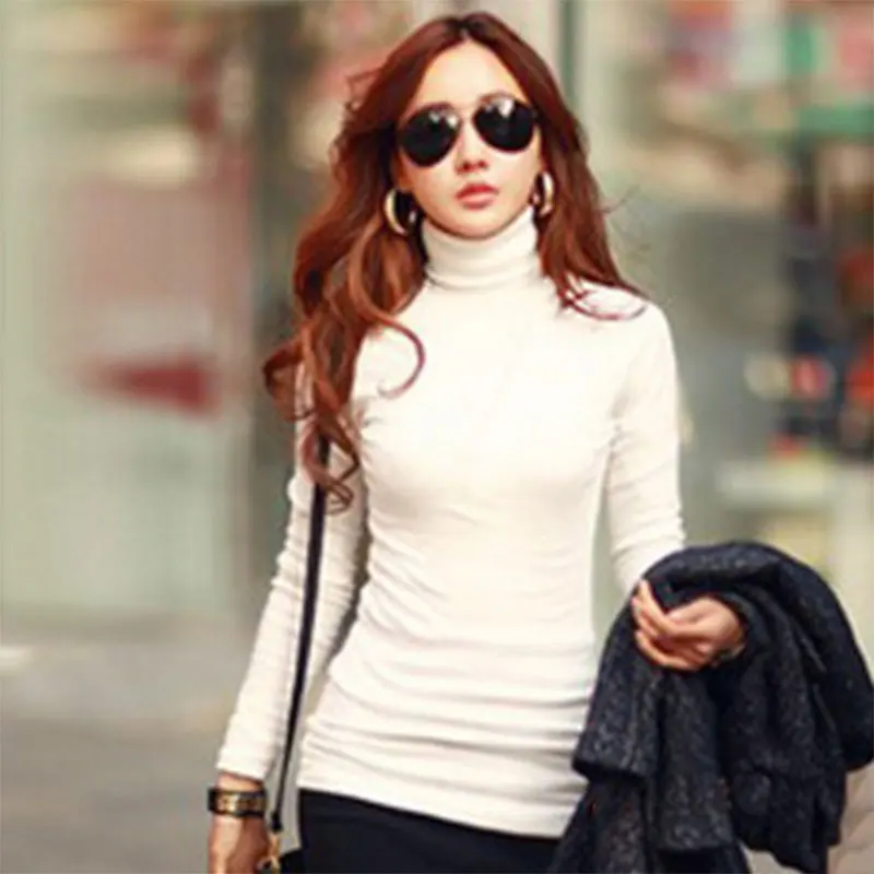 

Newly Autumn Winter Women Shirts Long Sleeve Turtleneck Tops Solid Color Basic T-shirt Slim Ladies Warmer Pullovers