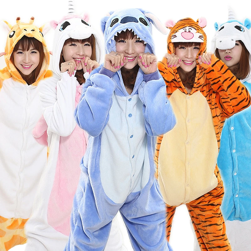 Adult Unisex Homewear Pajamas Flannel Cartoon Animal Halloween Cosplay Costume Kigurumi Onesie Sleepwear Sets Kitty Stitch