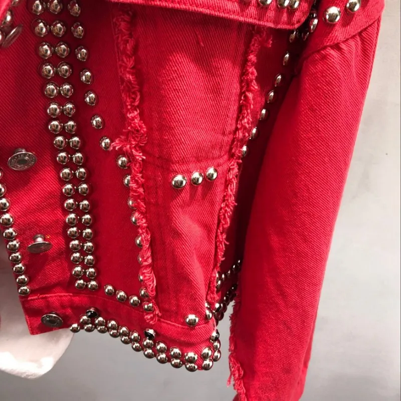 Красная джинсовая куртка, женское короткое джинсовое пальто с кисточками и бусинами, женское осеннее модное Брендовое пальто, Свободное пальто с отворотом, Casacos Feminino