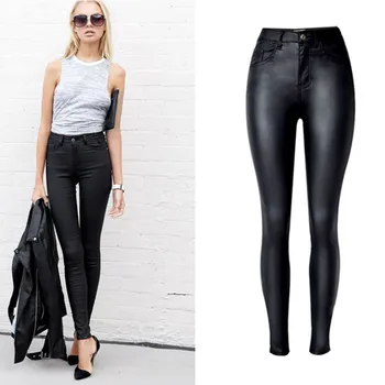 

Women's high waist slim stretch coated imitation leather pants denim pants PU pocket locomotive wild large size