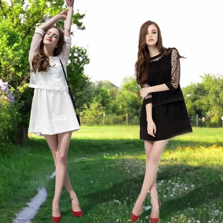 Free Shipping European 2014 spring new white wave spot lace two-piece dress 7 minutes of sleeve long dresses | Женская одежда