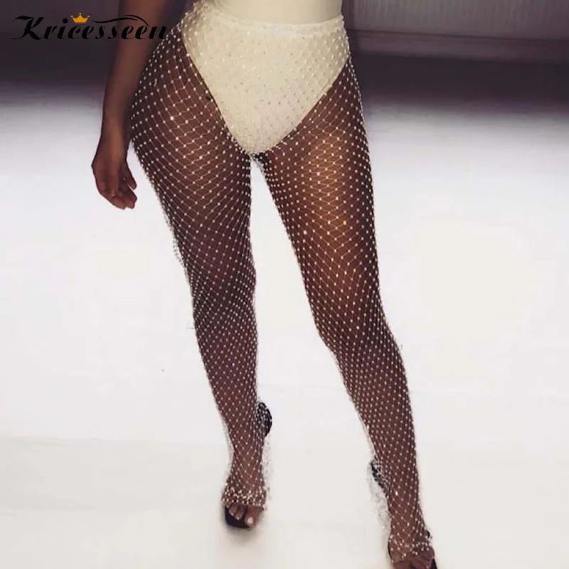 Kricesseen пикантные черные Лоскутные Grenadine со стразами прозрачные узкие брюки для женщин Блестящий глиттер вечерние Клубные длинные брюки