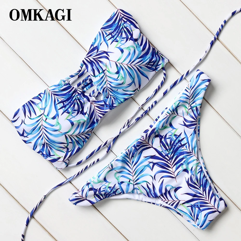 New Arrival Bikini 2017 Women Brazilian Bikini Set Strapless Print Summer Halter Bandage Swimwear Adjustable Beach