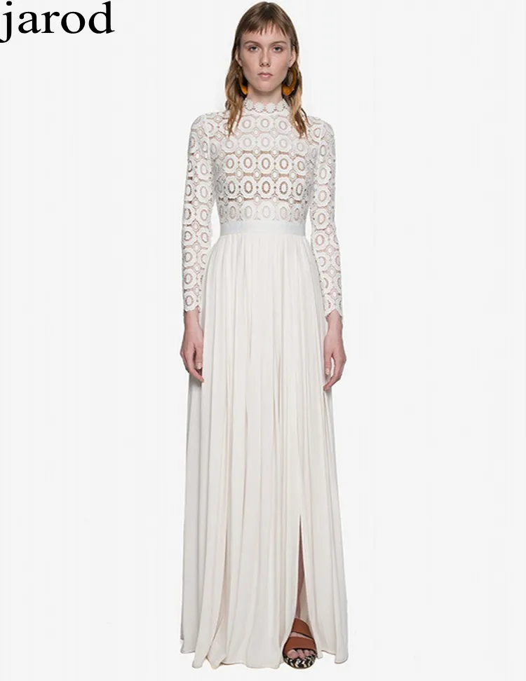  Techniques 2017 high-end long sleeve white lace women maxi formalparty crocheted spring autumn runway