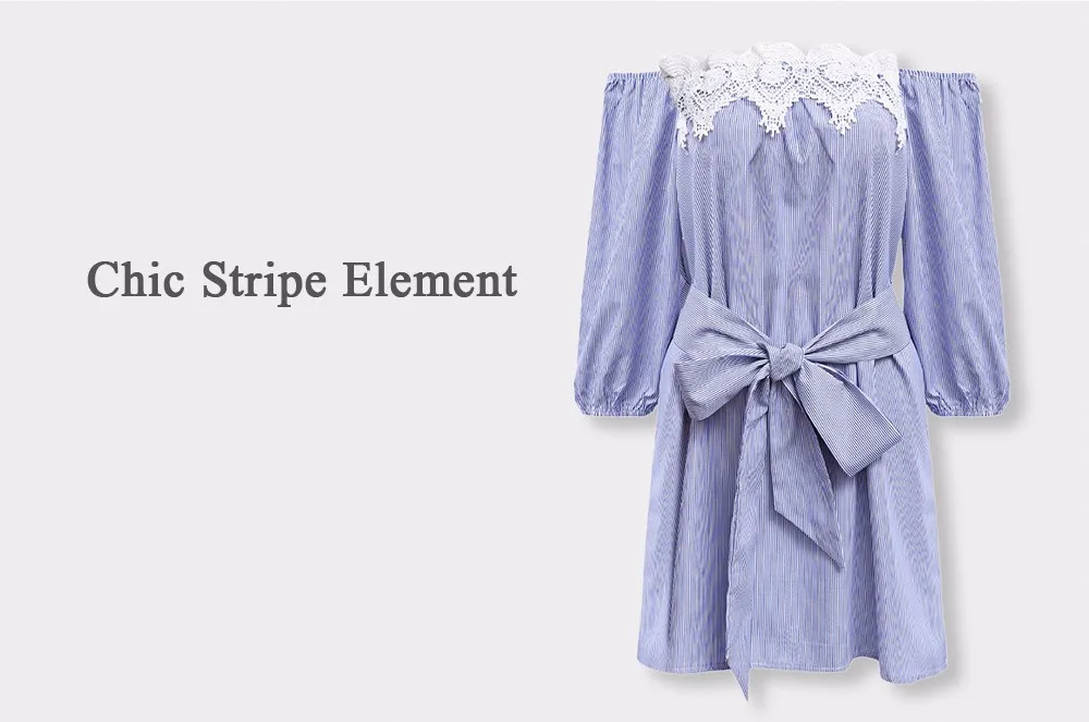 VESTLINDA Off Shoulder Blue Striped White Applique Mini Dress Women Slash Neck Lantern Sleeve Casual Sexy Short Dress With Belt 8