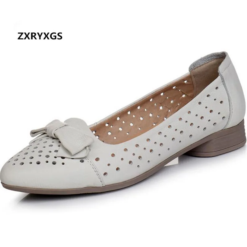 Plus Size Elegant Bow Cowhide Hole Shoes Women Leather Sandals Low