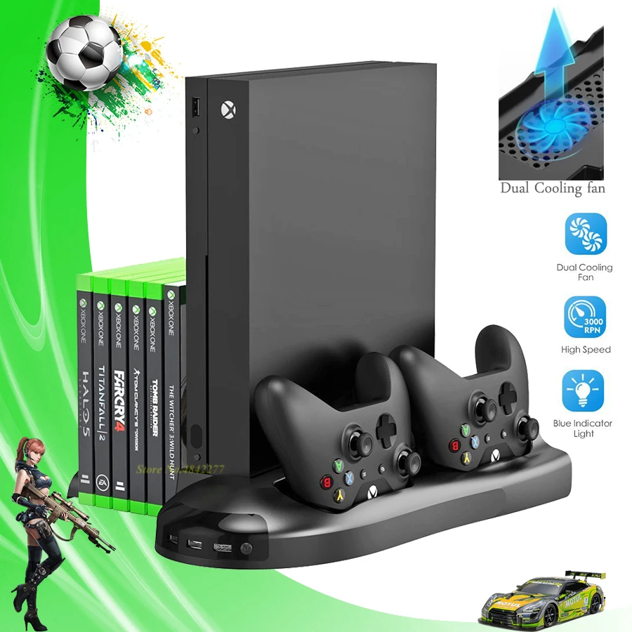 

5 in 1 Vertical Stand for Xbox One X Cooling Fan with Controller Charger Charging Dock Station Game Discs Storage + 3 USB Ports