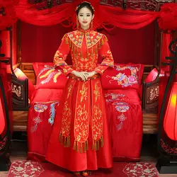 Традиционный китайский свадебное платье 2019 вечернее платье Красный Qipao долго Cheongsam Для женщин вышивка Феникс Восточный Платья для