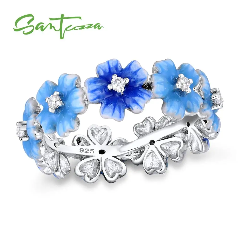 SANTUZZA серебряное кольцо для женщин, 925 пробы, серебряные модные кольца, синие цветы для женщин, кубический цирконий, вечерние ювелирные изделия, эмаль