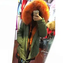 Оранжевый Меховая куртка Зимние теплые Mrs волк мех внутри большой енота меховым воротником парки