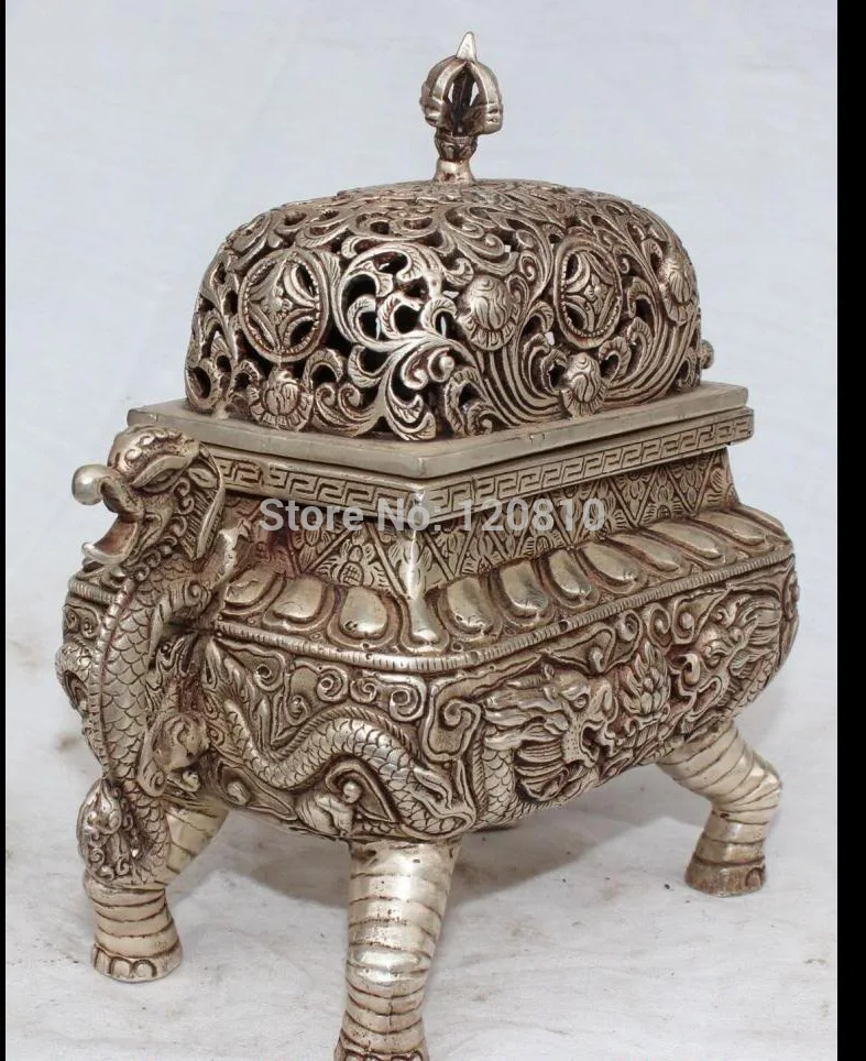 

8" Chinese Silver Tibetan Buddhism Dragon Flower Phurpa Dagger Incense Burner statue