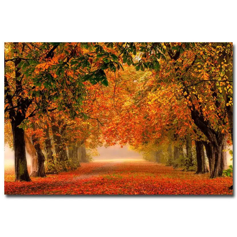 

NICOLESHENTING Autumn Forest Path Red Fallen Leaves Art Silk Fabric Poster Print Landscape Wall Pictures Living Room Decor