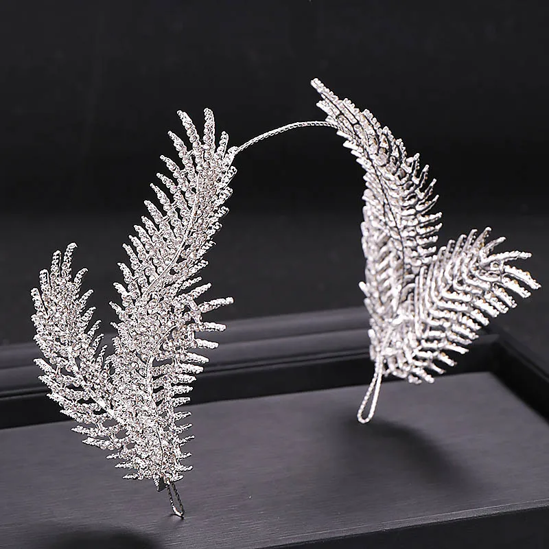 Full Rhinestone Feather Shape Bride Headband Tiara and Crown Bridal Hairband Headpiece Women Wedding Hair Jewelry Accessories VL