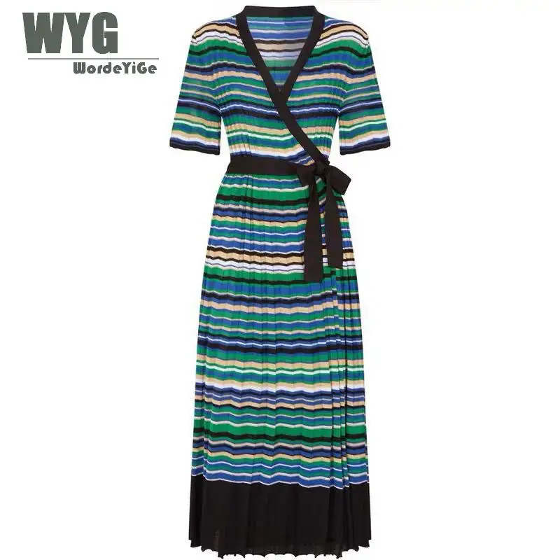 

High Quality Knit Dress Women 2019 Spring Summer Paris Fashion Green Stripes Front Open Waist Elegant Cardigan Kimono Dresses