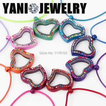 

10pcs/lot Free chain Colorful Heart Floating Locket Pendant with Colorful Rhinestones Glass Memory Locket