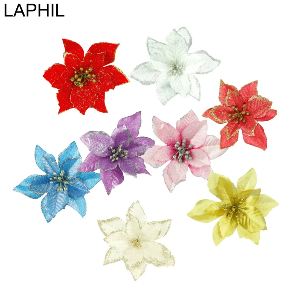 

LAPHIL 5 10 20pcs Glitter Artificial Christmas Flowers Xmas Tree Ornaments Merry Christmas Decorations for Home New Year Decor