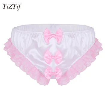 

YiZYiF Sissy Panties Sexy underwear Mens Lingerie Shiny Ruffles Floral Lace Bows Stretchy Briefs Slip Homme Gay Sissy Underwear