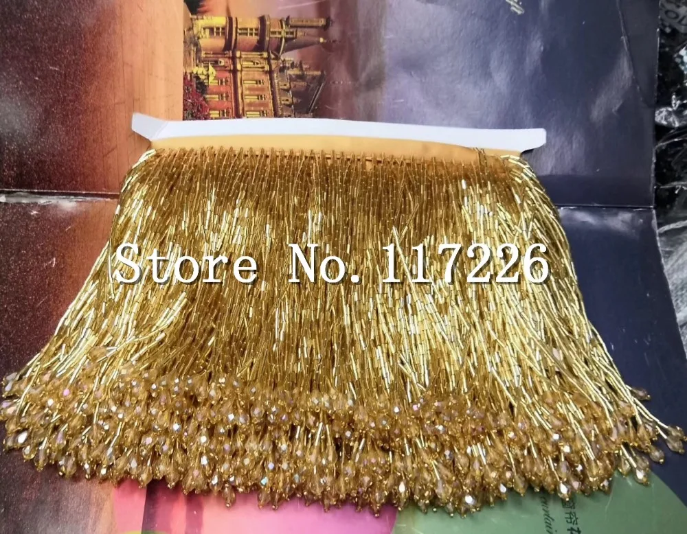 

High quality 5yards gold tube beads tassel fringe 15cm width for decoration dress/fashion designer
